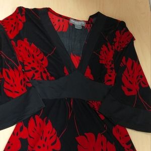Red and Black Monstera Print Empire Waist Top with Bow Size Medium